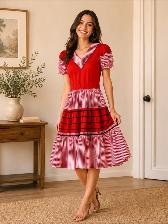 Dresses & Skirts - Red White Striped Prairie Midi Dress Women’s Small